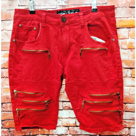 Demolition Capri Jeans Mens 36 Red Denim Stacked Zipper Five Pocket Y2K Grunge - Picture 1 of 8